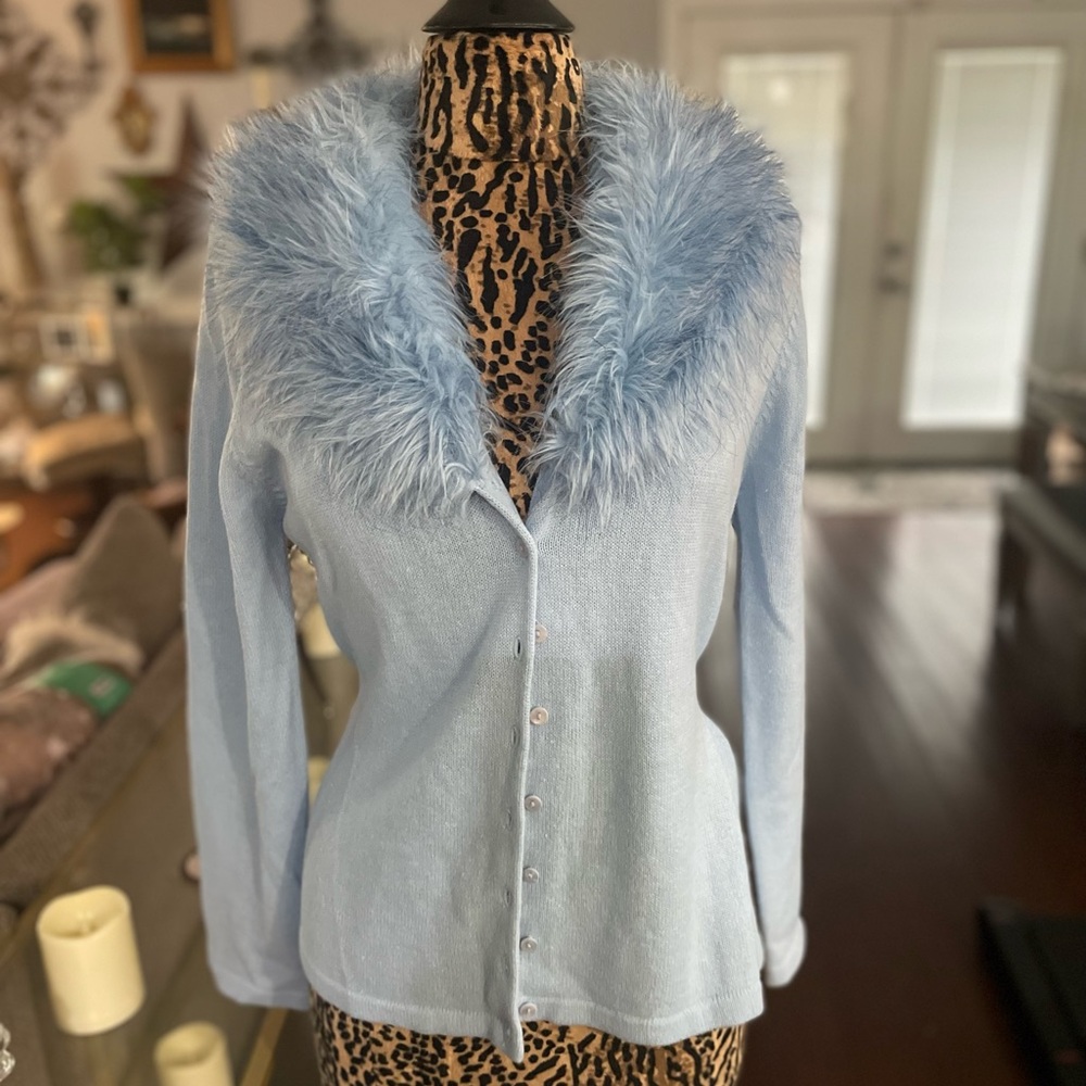 Kathie Lee Collection Light Blue Cardigan with Faux Fur Collar